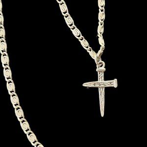 Vintage Nail Cross Pendant and Chain silver tone metal necklace Fancy Link Chain